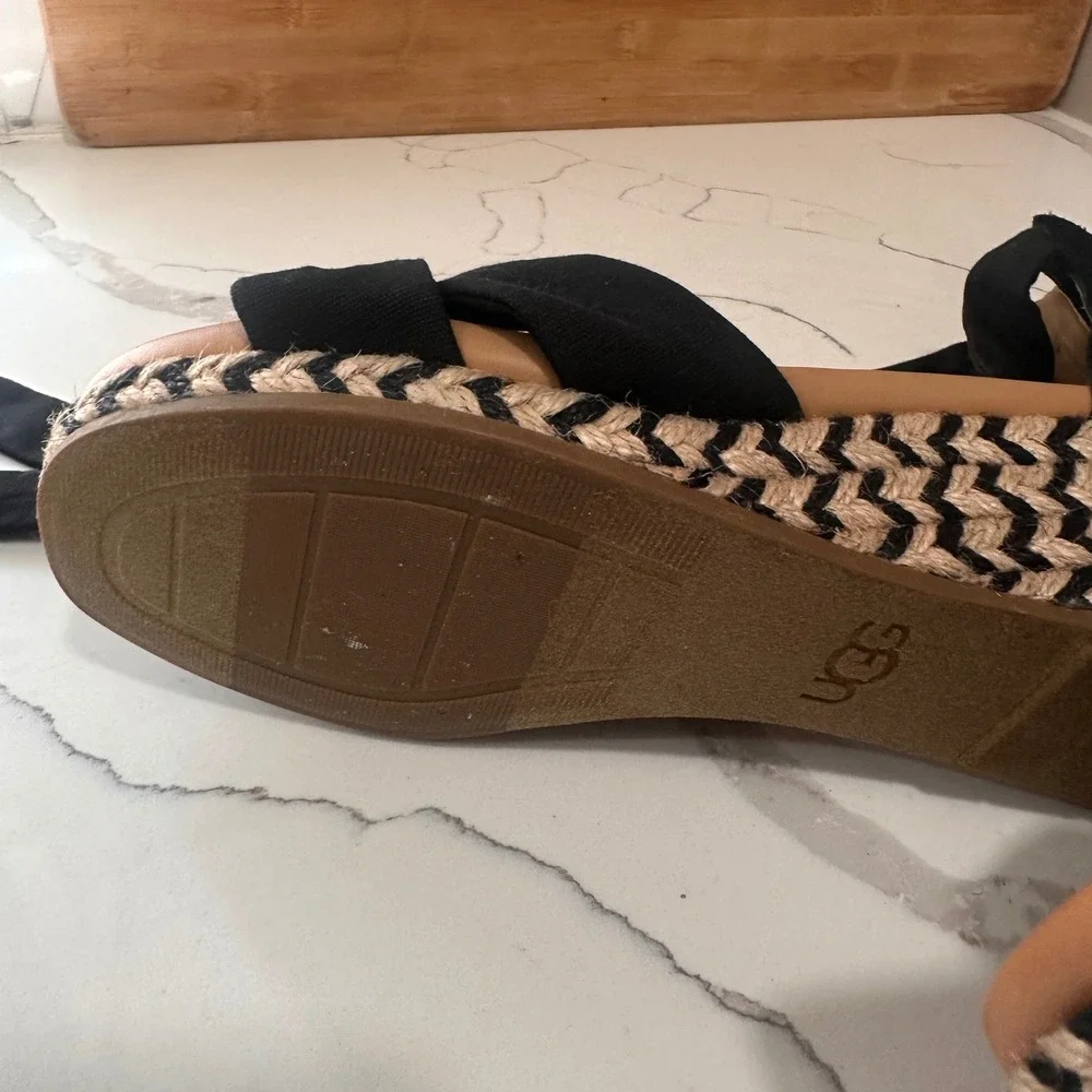 UGG Trina Wedge Sandals Womens 8 Black Espadrille Ankle Tie Jute Coastal Summer